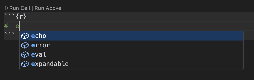 Positron Editor with a code cell option comment. The user has typed #| followed by e and the code completion menu is open, showing available options including echo, error, eval and expandable.